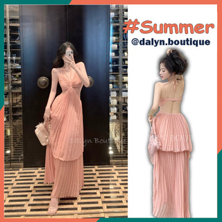 Váy đầm maxi 2 dây dáng xòe xếp li khoét eo hở lưng đi biển, du lịch sexy - hàng quảng châu dalyn