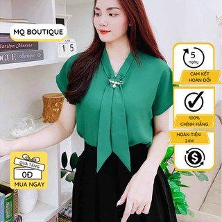 Áo sơ mi nữ lụa cộc tay cao cấp công sở trơn cổ nơ đính gim hạt ngọc nhiều màu , áo sơ mi thiết kế MQ Boutique