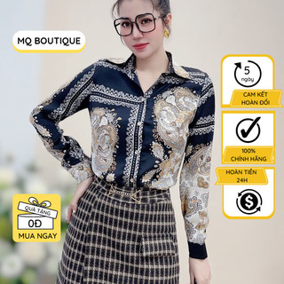 Áo sơmi lụa dài tay nữ công sở họa tiết trang trí cổ điển sang trọng cao cấp, áo sơmi họa tiết thiết kế MQ Boutique