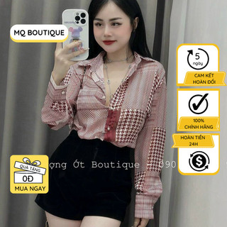 Áo sơ mi voan cao cấp nữ dài tay công sở họa tiết ziczac tím cơ bản thanh lịch, áo sơ mi thiết kế MQ Boutique