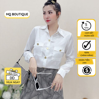 Áo sơ mi nữ lụa dài tay cao cấp công sở họa tiết chữ nhỏ nổi L.V nền trắng đen cúc vàng , áo sơmi thiết kế MQ Boutique