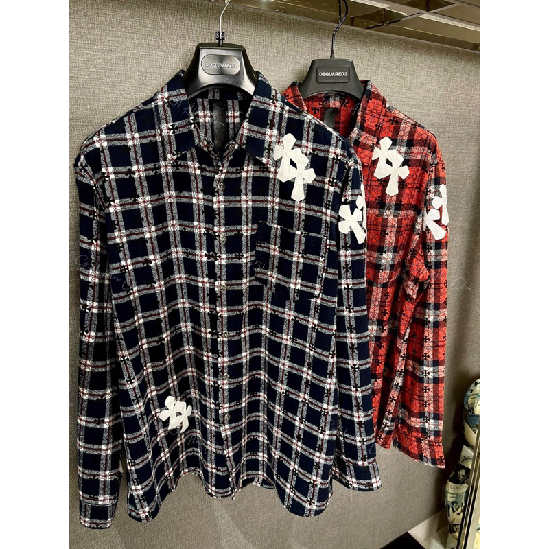 Áo sơ mi - Chrome Hearts - CH flannel shirt kẻ caro đen đỏ
