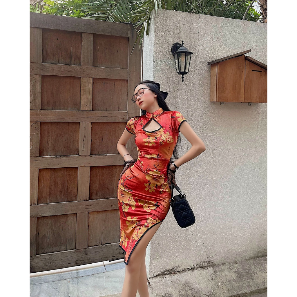 Đầm Sườn Xám Cách Tân In Họa Tiết Rồng Trung Hoa Thời Trang Cho Nữ