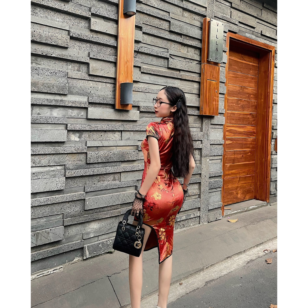 Đầm Sườn Xám Cách Tân In Họa Tiết Rồng Trung Hoa Thời Trang Cho Nữ