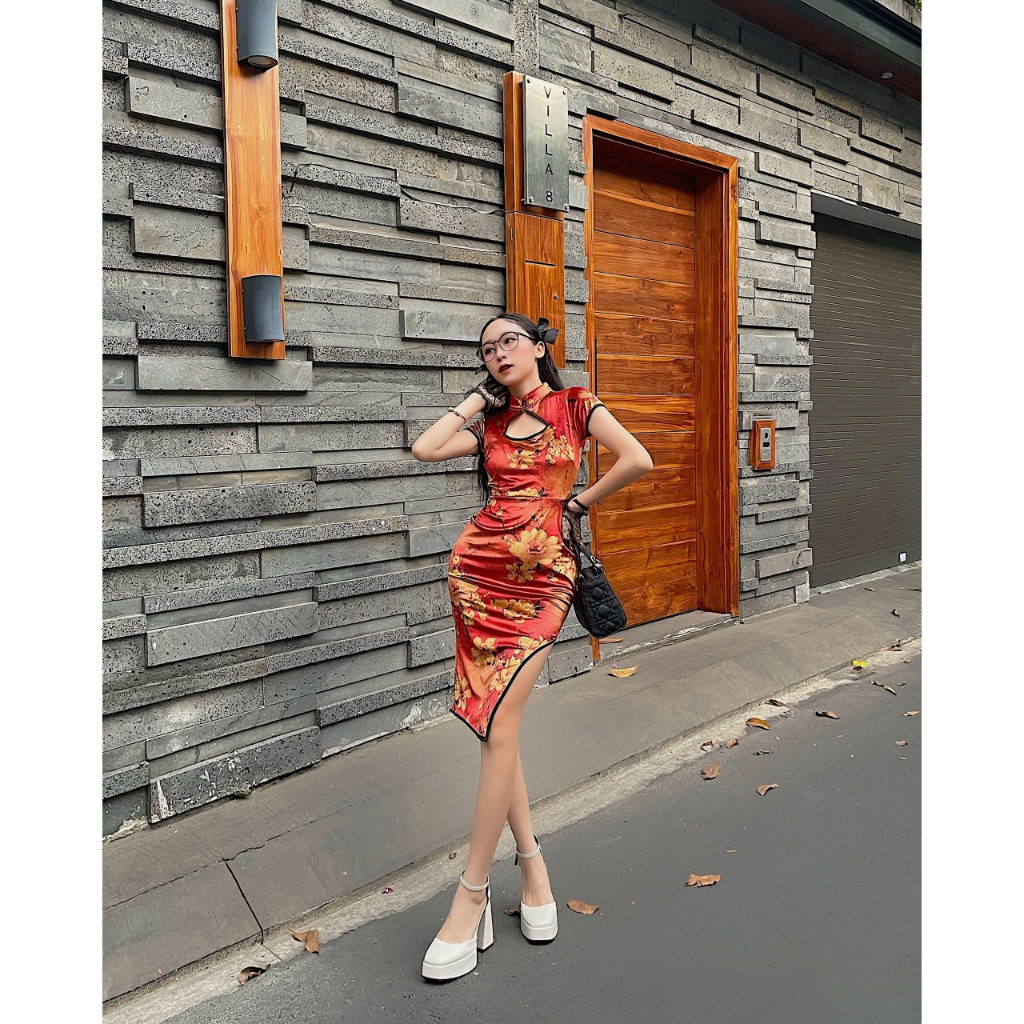 Đầm Sườn Xám Cách Tân In Họa Tiết Rồng Trung Hoa Thời Trang Cho Nữ