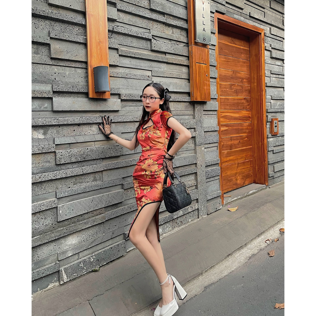 Đầm Sườn Xám Cách Tân In Họa Tiết Rồng Trung Hoa Thời Trang Cho Nữ