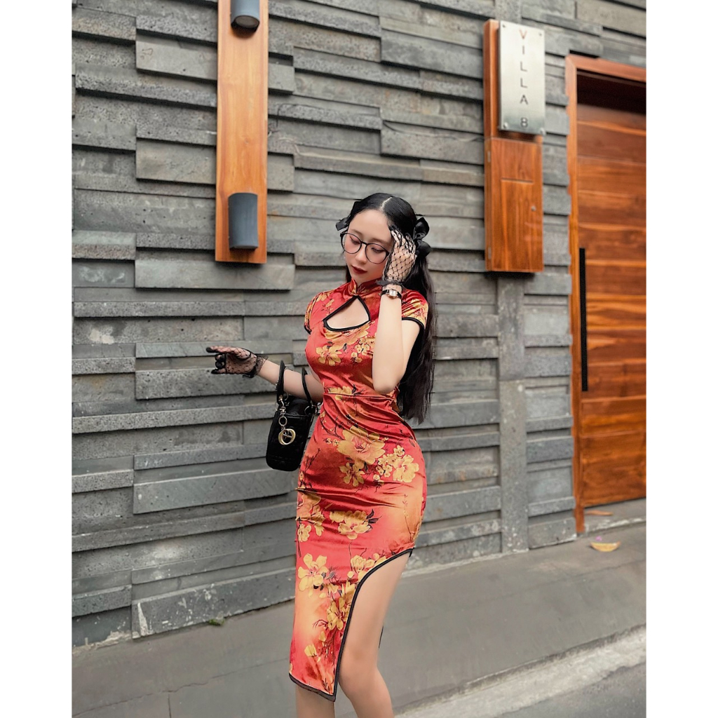 Đầm Sườn Xám Cách Tân In Họa Tiết Rồng Trung Hoa Thời Trang Cho Nữ