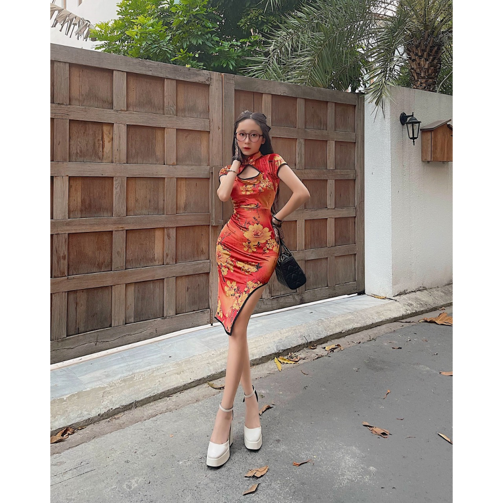 Đầm Sườn Xám Cách Tân In Họa Tiết Rồng Trung Hoa Thời Trang Cho Nữ