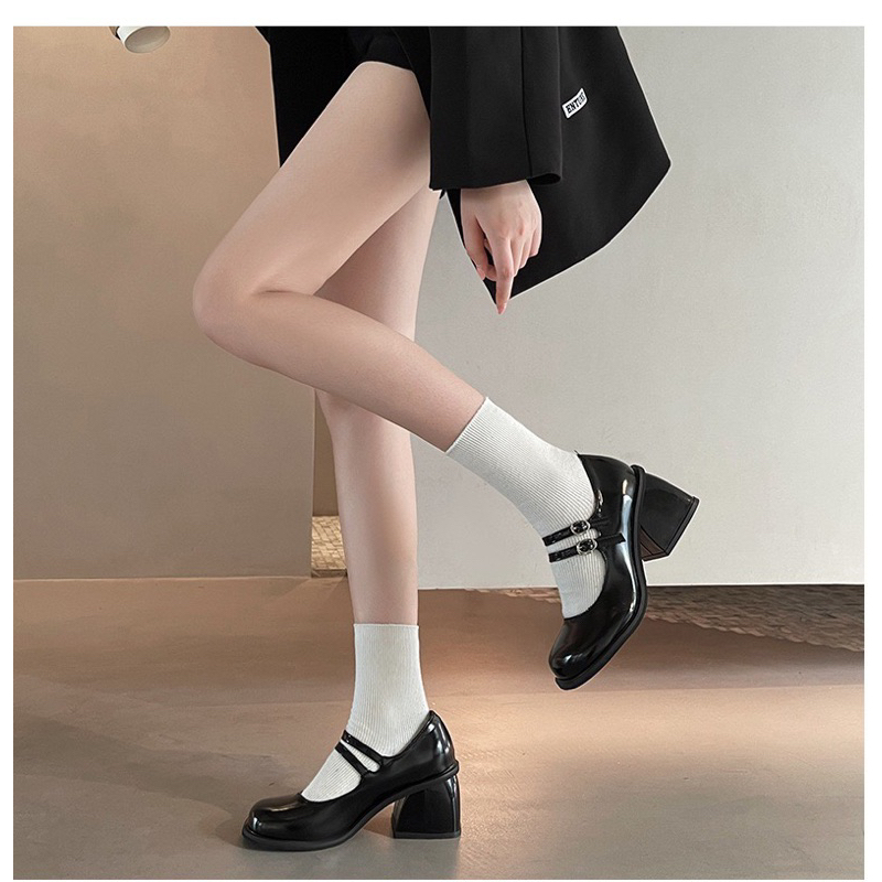 Giày cao gót nữ mary jane đế vuông 6 phân mũi tròn dáng tiểu thư  - Giày cao gót da trơn có quai phong cách cổ điển