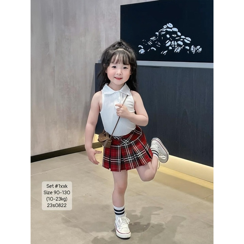 Set áo ba lỗ chân váy xếp ly caro bé gái