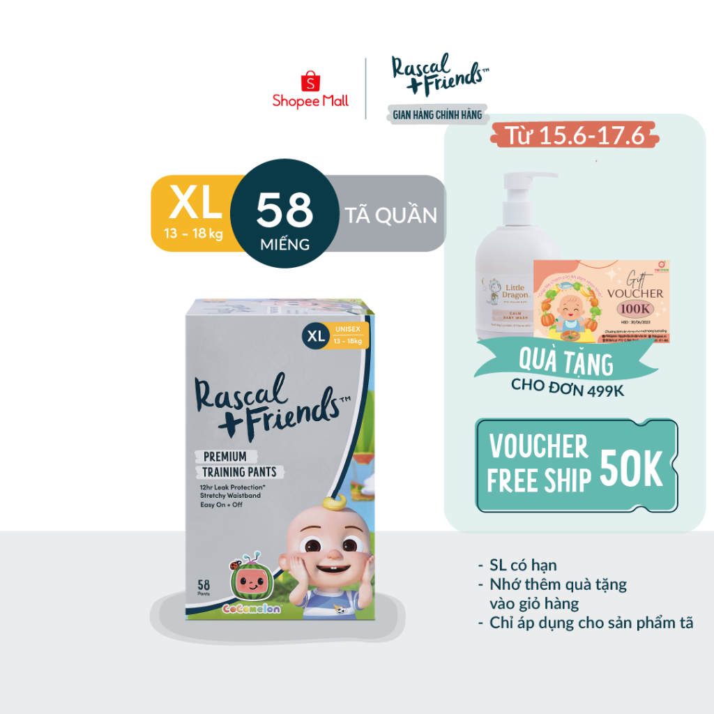 Tã/Bỉm Quần Rascal + Friends Cocomelon Size XL (13-18kg) 58 miếng - Kèm sticker ngẫu nhiên