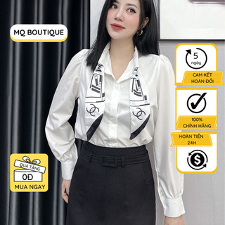 Áo trắng sơ mi lụa dài tay bồng kèm khăn nhiều mầu dáng cơ bản thiết kế cao cấp, áo sơ mi thiết kế MQ Boutique