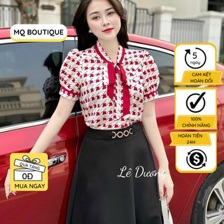 Áo cộc tay lụa sơ mi nữ cao cấp cổ nơ thiết kế họa tiết zic zac to trang nhã, áo sơ mi họa tiết thiết kế MQ Boutique