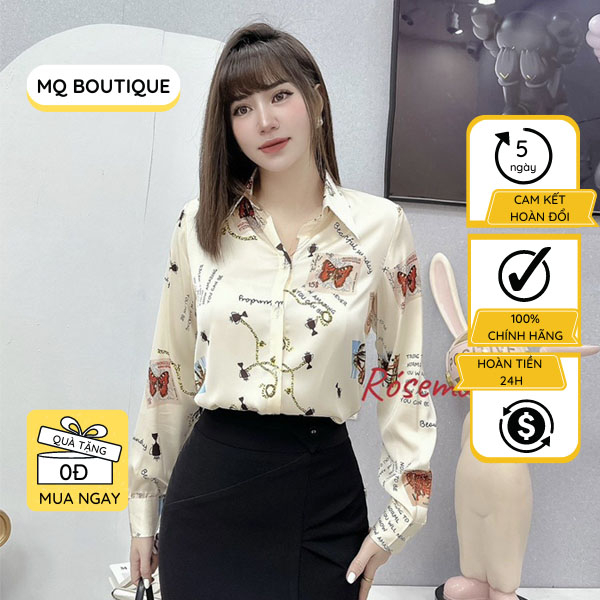 Áo lụa dài tay sơ mi nữ cao cấp thiết kế họa tiết con vật nền be sữa trang nhã, áo sơ mi họa tiết thiết kế MQ Boutique