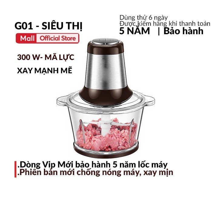 Máy xay thịt G01 cối inox phiên bản mới 300W cho lực xay mạnh mẽ, dung tích 2L bảo hành 5 năm