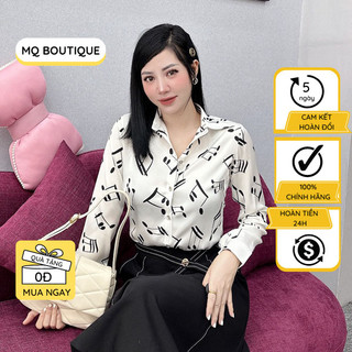 Áo lụa sơ mi nữ dài tay cao cấp công sở họa tiết nốt nhạc nền trắng cơ bản thanh lịch, áo sơ mi thiết kế MQ Boutique