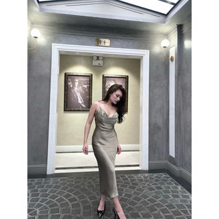 Đầm Lụa Satin Cổ Đổ Hai Dây Dáng Dài- Babiche
