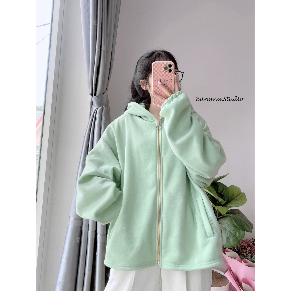 Áo khoác nỉ bông freesize tay phồng unisex Bànana, hoodie zip nữ nỉ bông pastel, nón to 2 lớp