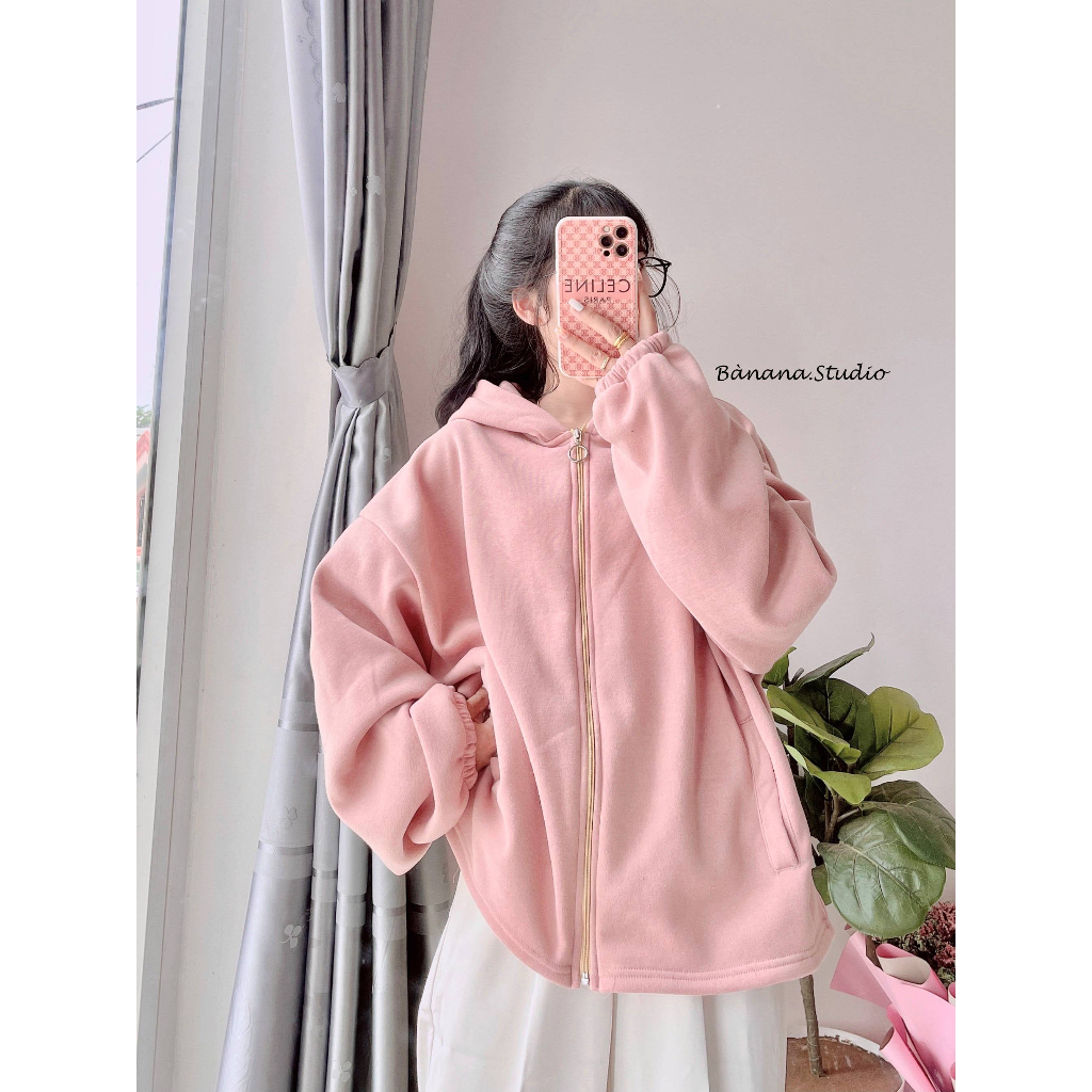 Áo khoác nỉ bông freesize tay phồng unisex Bànana, hoodie zip nữ nỉ bông pastel, nón to 2 lớp