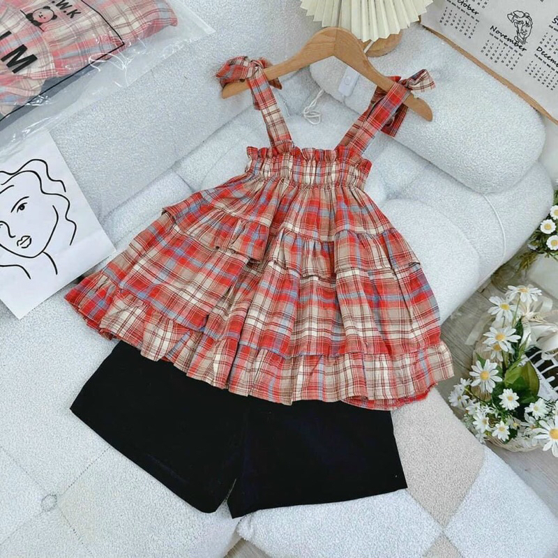 Áo dây babydoll vải kẻ KATE dáng xuông chun nhún ôm ngực A132