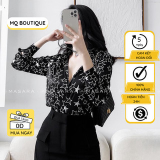 Áo sơ mi nữ lụa dài tay cao cấp công sở họa tiết sao trắng to nền đen cao cấp, áo sơ mi họa tiết thiết kế MQ Boutique