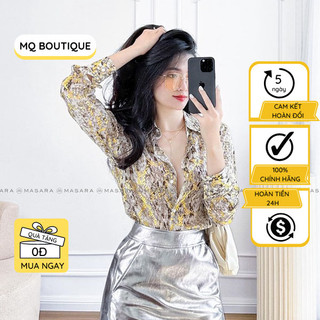 Áo sơ mi nữ dài tay cao cấp voan tơ công sở họa tiết da cá vàng ghi, áo sơ mi họa tiết thiết kế MQ Boutique