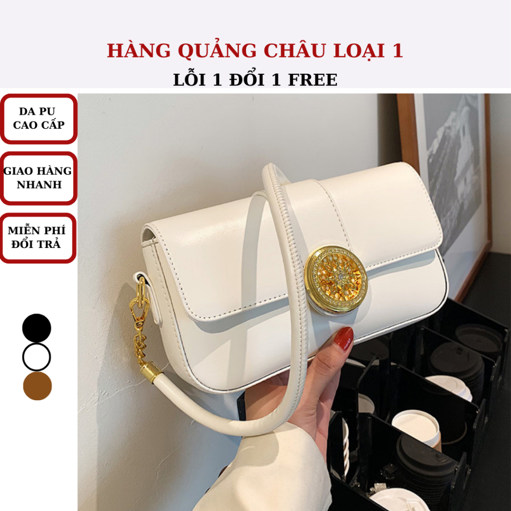 Túi xách nữ Quảng Châu đeo vai kẹp nách dây da phối xích tặng kèm dây đeo chéo khoá tròn đính đá 01T1- 6040