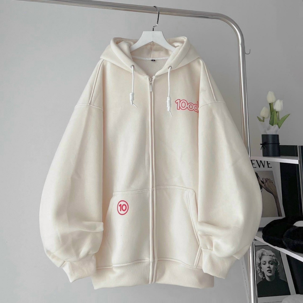 Áo Hoodie nữ zip unisex, khoác bomber nỉ bông Ulzzang, phong cách Hàn Quốc, In Logo 100DK