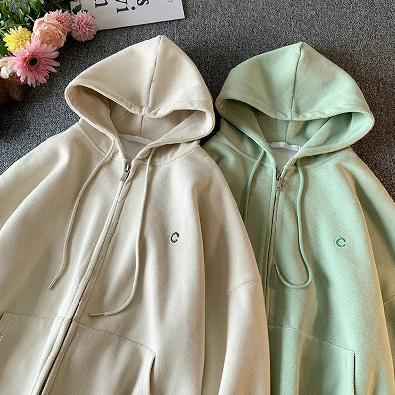 Áo Hoodie nữ zip unisex, khoác Hoodies nỉ bông Ulzzang, phong cách Hàn Quốc, thiêu chữ C. TP