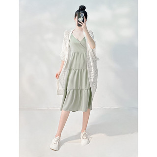 Đầm midi 2 dây cổ đắp chéo