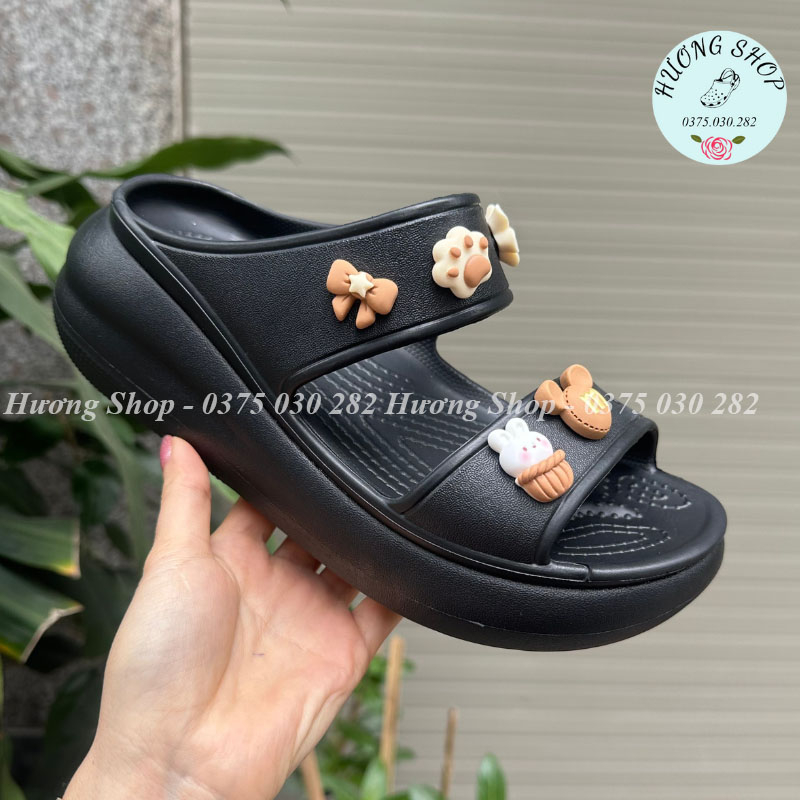 Tặng kèm Jibit, Dép lê 2 quai cao 6p màu đen sang chảnh, êm nhẹ cho nữ