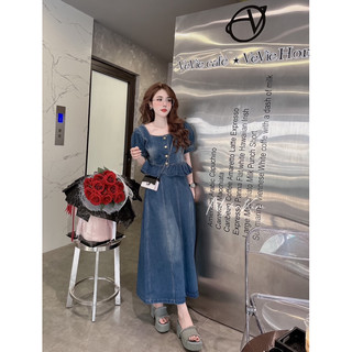 set váy đầm jeans cổ vuông kh