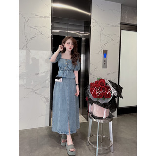 set váy đầm jeans cổ vuông kh