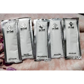 Bộ 5 gói test Drcell gồm kem ngày gs3, kem đêm rebirth, sữa rửa mặt fresh, tẩy da chết scurb mask, men ủ trắng mặt