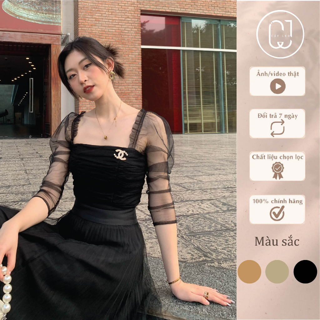 Áo lưới cổ vuông dài tay Cây Leo Design dáng croptop phong cách tiểu thư sang chảnh Min3605 Min3601