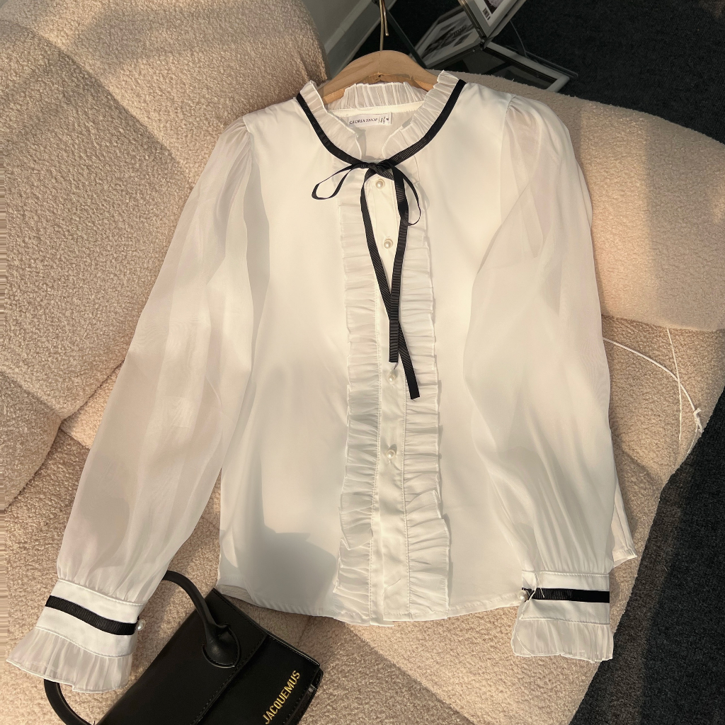 Áo sơ mi trắng nữ thắt nơ Gloria Shop, Áo sơ mi nữ tay dài chất vải đẹp, Hàng Thiết Kế Gloria Shop