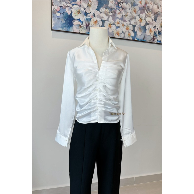 Sơ mi nữ satin nhún ngực sang xịn