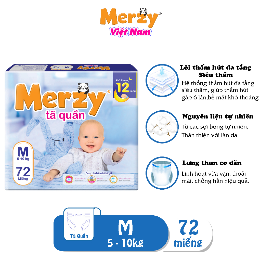 Tã quần trẻ em Merzy Cao Cấp Gói Siêu Đại Siêu Thấm Chống Tràn Khô Thoáng M72/ L64/ XL56/ XXL48 Miếng