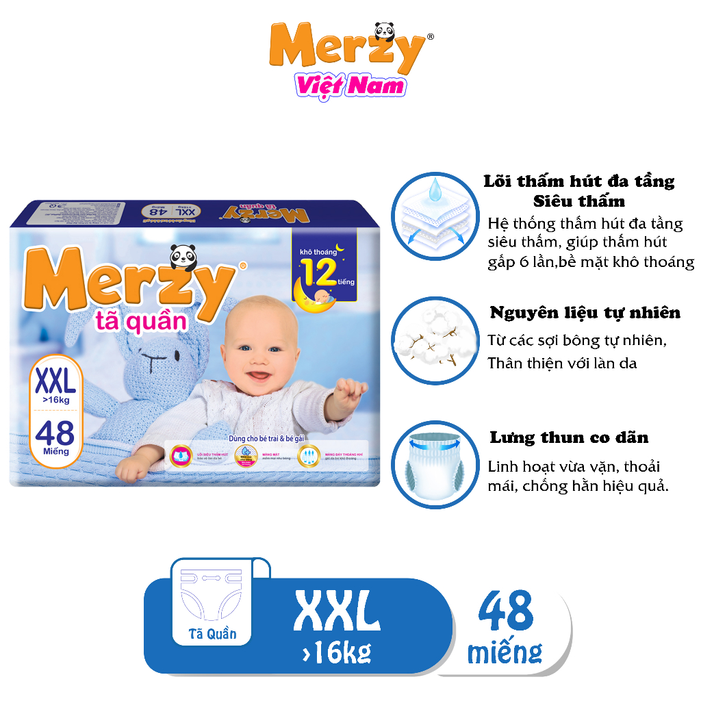 Tã quần trẻ em Merzy Cao Cấp Gói Siêu Đại Siêu Thấm Chống Tràn Khô Thoáng M72/ L64/ XL56/ XXL48 Miếng