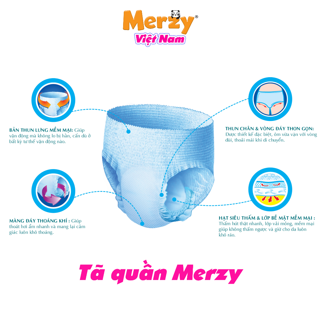 Tã quần trẻ em Merzy Cao Cấp Gói Siêu Đại Siêu Thấm Chống Tràn Khô Thoáng M72/ L64/ XL56/ XXL48 Miếng