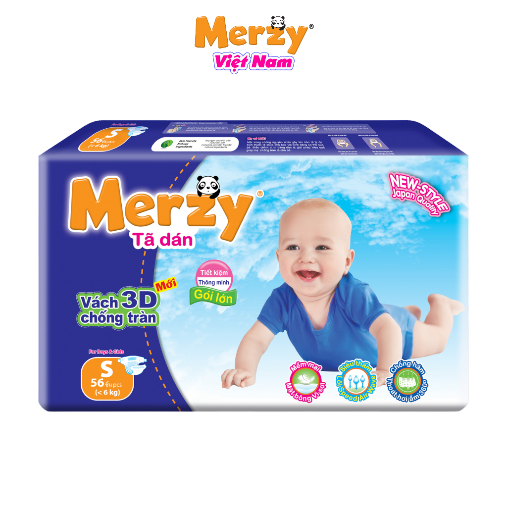 Tã Dán trẻ em Merzy Cao Cấp Siêu Thấm Hút Size S56/M48/L42/XL38 Miếng