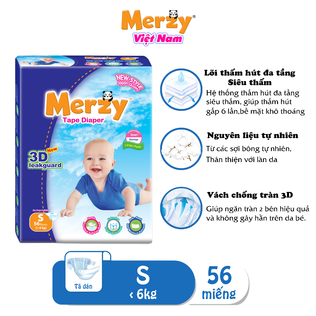 Tã Dán trẻ em Merzy Cao Cấp Siêu Thấm Hút Size S56/M48/L42/XL38 Miếng