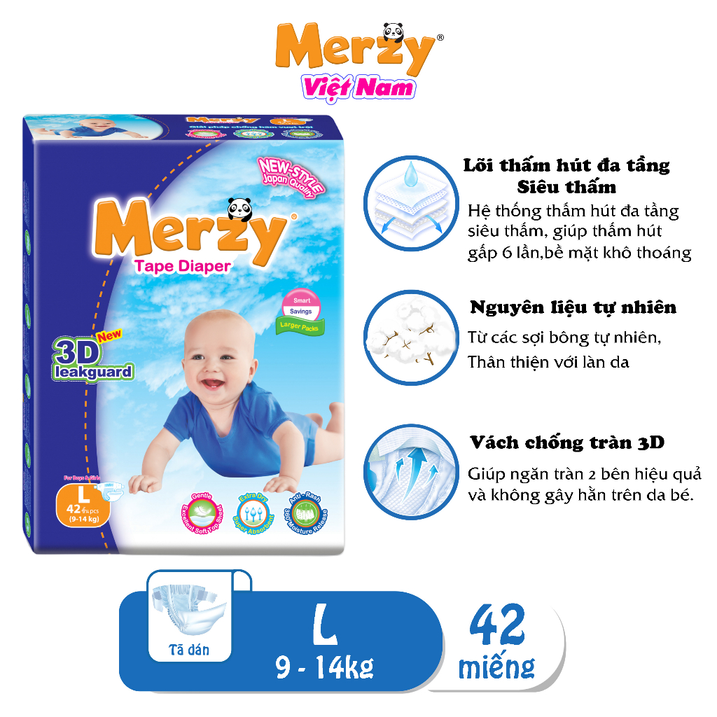 Tã Dán trẻ em Merzy Cao Cấp Siêu Thấm Hút Size S56/M48/L42/XL38 Miếng