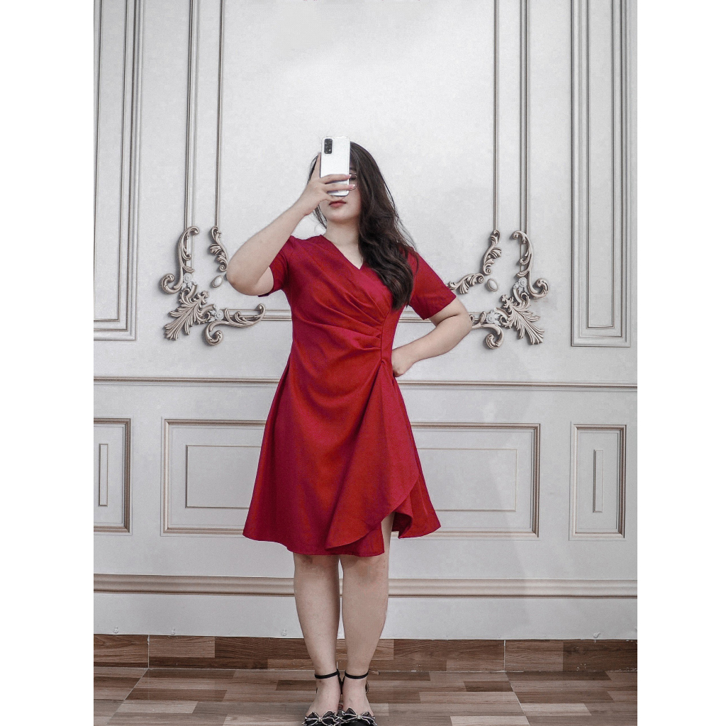 Đầm bigsize nữ, Đầm dự tiệc nhún eo ngắn tay xoắn hông xòe nhẹ che khuyết điểm bụng mợ cực hót