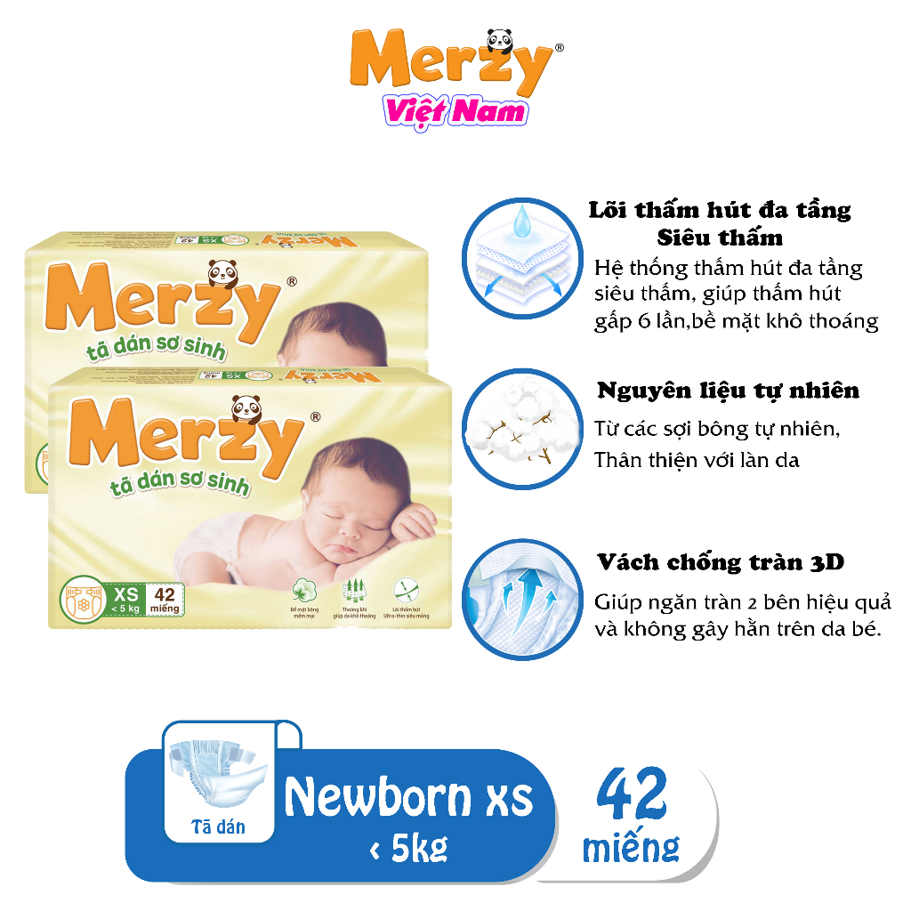 Tã Dán Merzy Newborn XS42 Cho Trẻ Sơ Sinh Dưới 5kg Khô Thoáng, Mềm Mại Khiến Bé Ngon Giấc