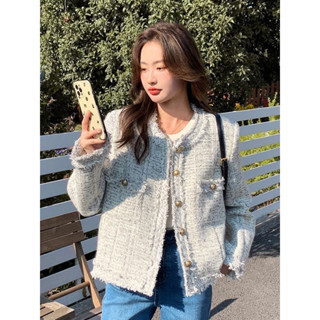 Áo khoác dạ tweed xám nhạt, Áo Khoác Dạ cổ tròn cúc đồng 2 lớp Hàng Quảng Châu Cao Cấp