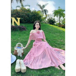 Đầm maxi đi biển chất voan trễ vai dây cổ phối voan ngực đính hoa có mút váy maxi xoè tầng cao cấp