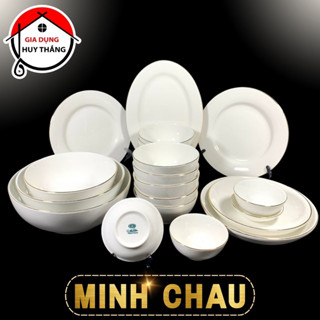  Bộ Bát Đĩa 22 Sản Phẩm Viền Vàng 12K - Set Chén Dĩa Sứ Trắng Minh Châu 