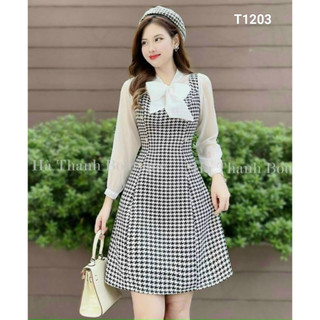 Đầm nút kiểu phối voan cột nơ cổ màu y hình thun mỹ voan chingfon T1203