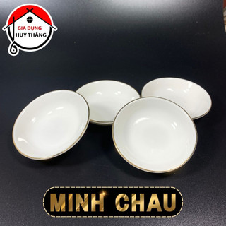 Đĩa chấm sứ trắng trơn Minh Châu viền vàng thật 12K
